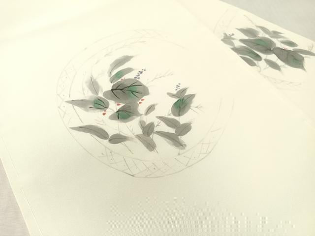 平和屋着物●塩瀬　九寸名古屋帯　作家物　手描き　草花丸文　正絹　逸品　CABL0090vp
