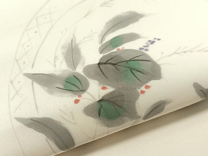 平和屋着物●塩瀬　九寸名古屋帯　作家物　手描き　草花丸文　正絹　逸品　CABL0090vp