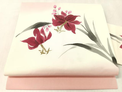 平和屋着物●塩瀬　九寸名古屋帯　作家物　ろうけつ染　草花文　金彩　正絹　逸品　CABL0100vp
