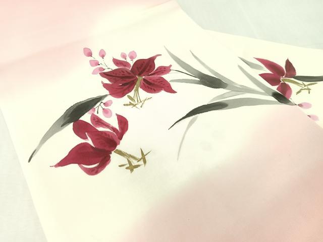 平和屋着物●塩瀬　九寸名古屋帯　作家物　ろうけつ染　草花文　金彩　正絹　逸品　CABL0100vp