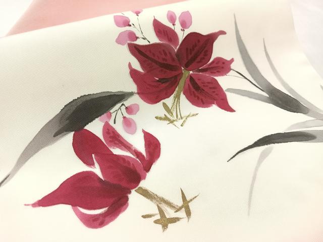 平和屋着物●塩瀬　九寸名古屋帯　作家物　ろうけつ染　草花文　金彩　正絹　逸品　CABL0100vp