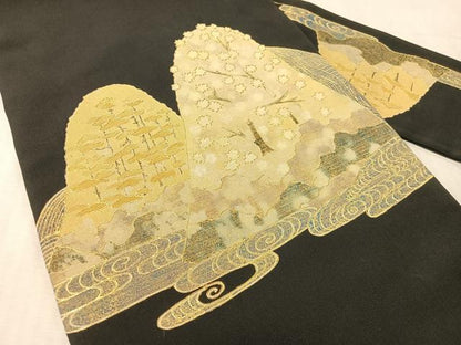 平和屋着物●塩瀬　九寸名古屋帯　重山花文　黒地　金彩　正絹　逸品　CABL0101vp
