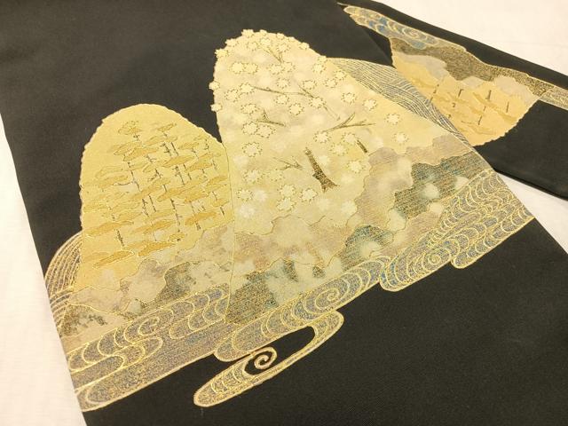 平和屋着物●塩瀬　九寸名古屋帯　重山花文　黒地　金彩　正絹　逸品　CABL0101vp