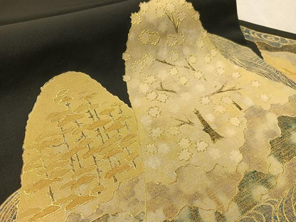 平和屋着物●塩瀬　九寸名古屋帯　重山花文　黒地　金彩　正絹　逸品　CABL0101vp