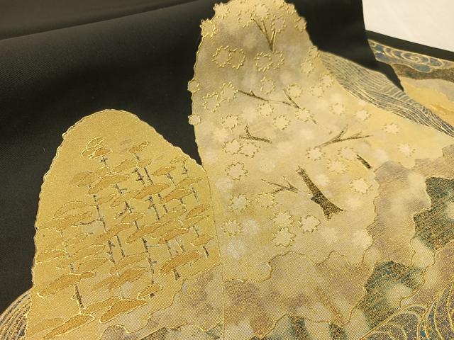 平和屋着物●塩瀬　九寸名古屋帯　重山花文　黒地　金彩　正絹　逸品　CABL0101vp