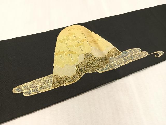 平和屋着物●塩瀬　九寸名古屋帯　重山花文　黒地　金彩　正絹　逸品　CABL0101vp
