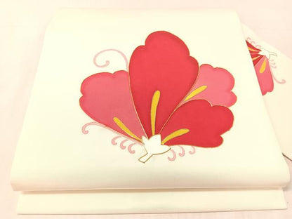 平和屋着物●塩瀬　九寸名古屋帯　駒刺繍　舞蝶文　金彩　正絹　逸品　CABL0102vp