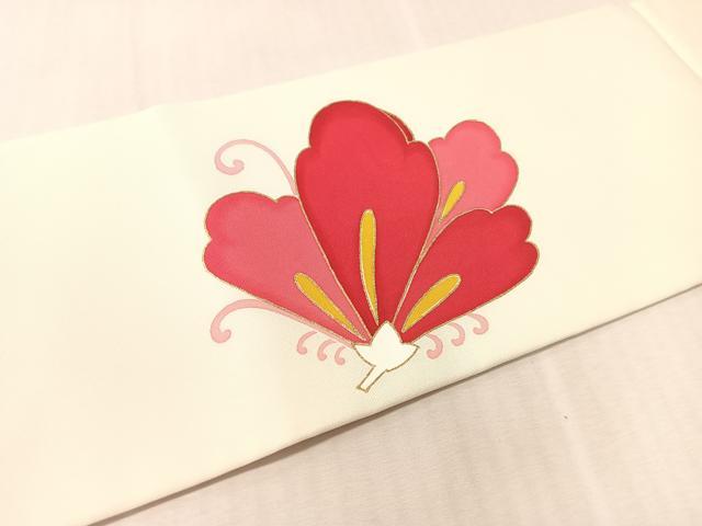 平和屋着物●塩瀬　九寸名古屋帯　駒刺繍　舞蝶文　金彩　正絹　逸品　CABL0102vp