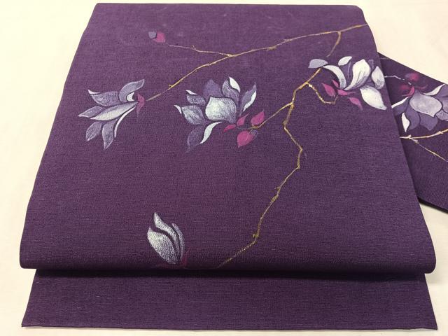 平和屋着物●九寸名古屋帯　手描き　紬地　枝花文　金彩　正絹　逸品　CABL0105vp