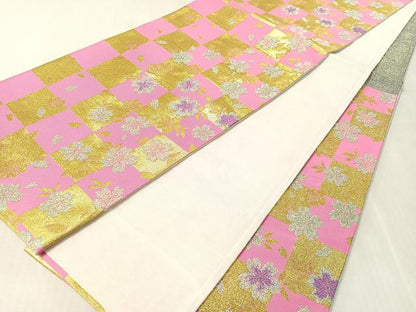 平和屋着物●西陣　酒井守作　六通柄袋帯　市松舞桜　金銀糸　日本製　証紙付き　逸品　未使用　CABL0107vp