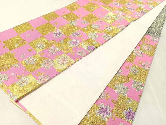 平和屋着物●西陣　酒井守作　六通柄袋帯　市松舞桜　金銀糸　日本製　証紙付き　逸品　未使用　CABL0107vp