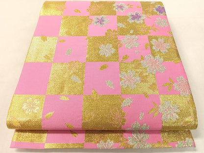 平和屋着物●西陣　酒井守作　六通柄袋帯　市松舞桜　金銀糸　日本製　証紙付き　逸品　未使用　CABL0107vp