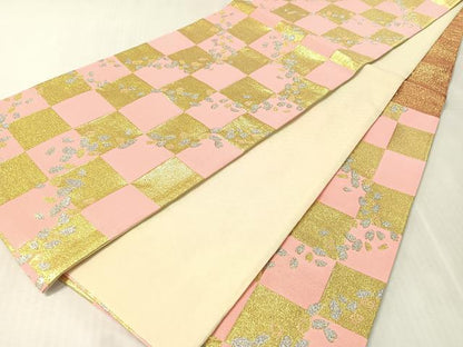 平和屋着物●六通柄袋帯　市松舞桜　金銀糸　正絹　逸品　CABL0118vp