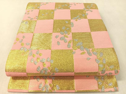 平和屋着物●六通柄袋帯　市松舞桜　金銀糸　正絹　逸品　CABL0118vp