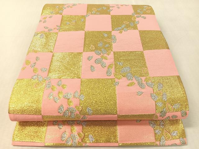 平和屋着物●六通柄袋帯　市松舞桜　金銀糸　正絹　逸品　CABL0118vp