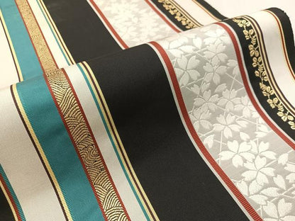 平和屋着物●本場筑前博多織　全通柄袋帯　立波花間道　黒地　金糸　正絹　逸品　CABL0119vp