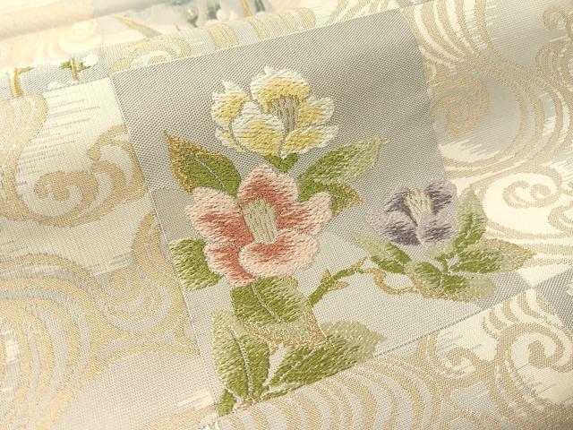 平和屋着物●六通柄袋帯　唐織　紹巴織　市松流水花文　金糸　やまと誂製　正絹　逸品　未使用　CABL0120vp