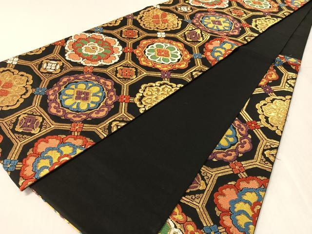 平和屋着物●六通柄袋帯　唐織　蜀江花文　黒地　金糸　正絹　逸品　CABL0121vp