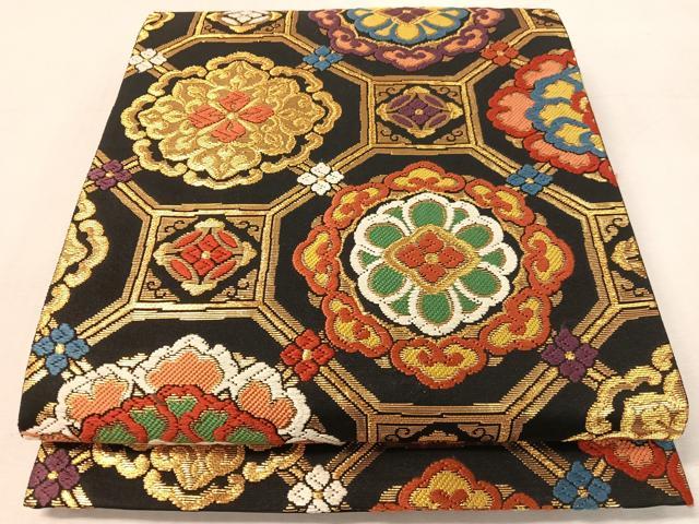 平和屋着物●六通柄袋帯　唐織　蜀江花文　黒地　金糸　正絹　逸品　CABL0121vp