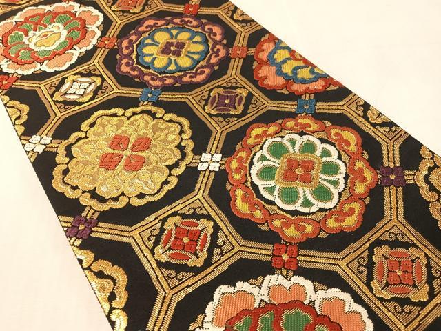 平和屋着物●六通柄袋帯　唐織　蜀江花文　黒地　金糸　正絹　逸品　CABL0121vp