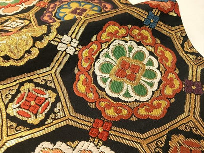 平和屋着物●六通柄袋帯　唐織　蜀江花文　黒地　金糸　正絹　逸品　CABL0121vp