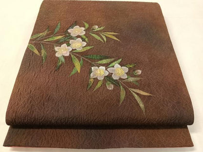 平和屋着物●六通柄袋帯　手描き　ふくれ織　草花文　正絹　逸品　未使用　CABL0124vp