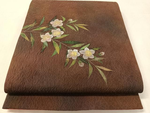 平和屋着物●六通柄袋帯　手描き　ふくれ織　草花文　正絹　逸品　未使用　CABL0124vp