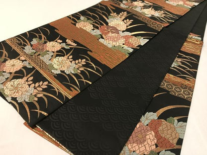 平和屋着物●六通柄袋帯　唐織　霞菊花文　黒地　金糸　正絹　逸品　未使用　CABL0125vp