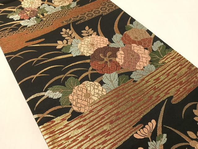 平和屋着物●六通柄袋帯　唐織　霞菊花文　黒地　金糸　正絹　逸品　未使用　CABL0125vp