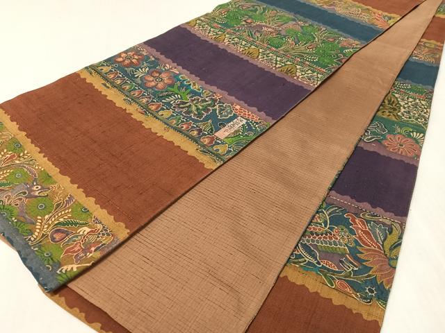 平和屋着物●前田仁仙　仁仙更紗　全通柄袋帯　紬　横段花鳥文　正絹　逸品　CABL0129vp