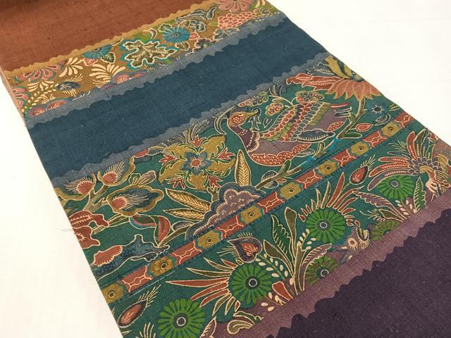 平和屋着物●前田仁仙　仁仙更紗　全通柄袋帯　紬　横段花鳥文　正絹　逸品　CABL0129vp