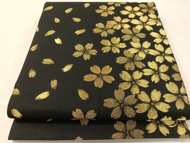 平和屋着物●六通柄袋帯　舞桜　黒地　金糸　正絹　逸品　CABL0135vp