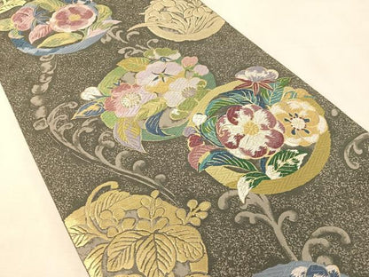 平和屋着物●「美しいキモノ」お馴染みのメーカー　となみ織物　六通柄袋帯　唐織　草花丸文　金糸　共箱付き　正絹　逸品　CABL0142vp