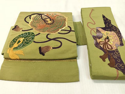 平和屋着物●アンティーク　大正ロマン　つけ帯　総刺繍　駒刺繍　鏡裏鳳凰文　金銀糸　正絹　逸品　CABL0144vp