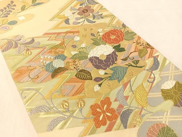 平和屋着物●六通柄袋帯　唐織　松皮取草花文　金糸　正絹　逸品　CABL0145vp