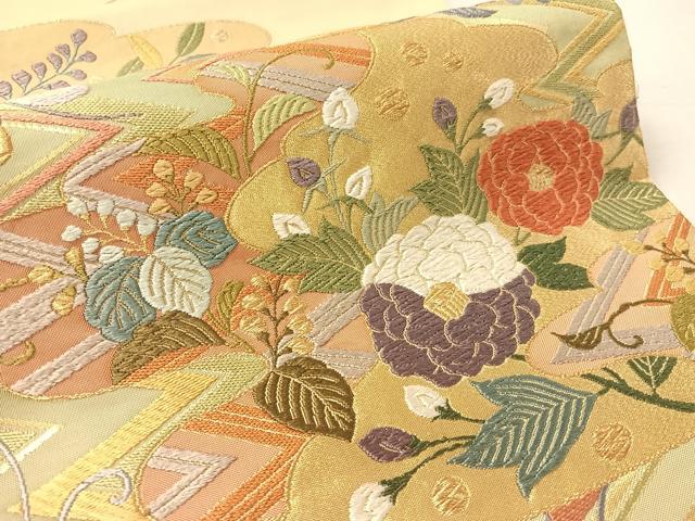 平和屋着物●六通柄袋帯　唐織　松皮取草花文　金糸　正絹　逸品　CABL0145vp