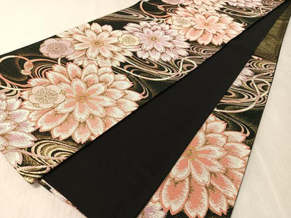 平和屋着物●六通柄袋帯　流水花文　黒地　金銀糸　正絹　逸品　CABL0162vp