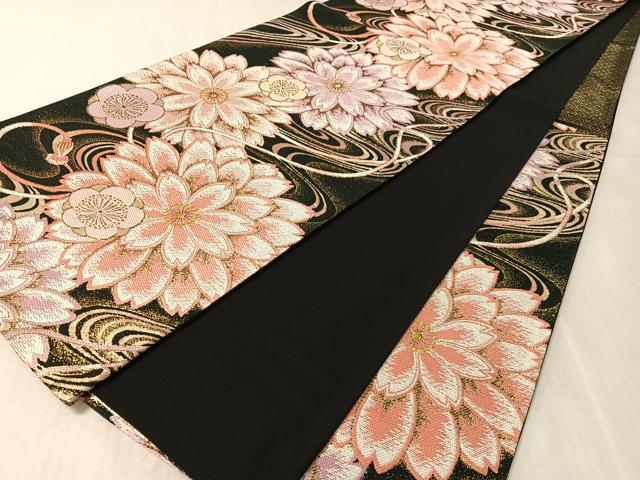平和屋着物●六通柄袋帯　流水花文　黒地　金銀糸　正絹　逸品　CABL0162vp