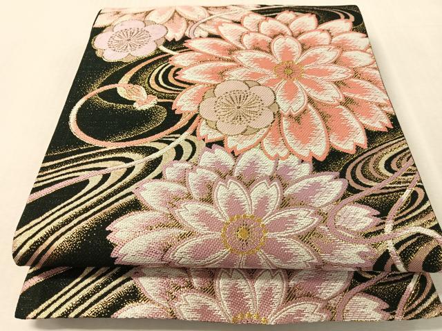 平和屋着物●六通柄袋帯　流水花文　黒地　金銀糸　正絹　逸品　CABL0162vp