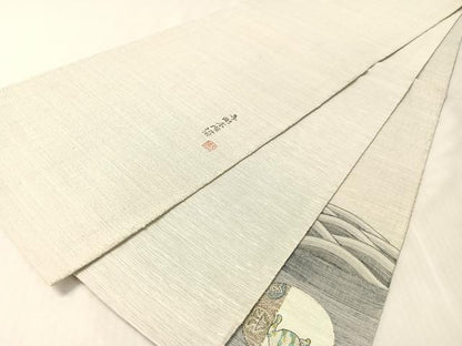平和屋着物●手彫木版染　佐伯武晴　太鼓柄袋帯　紬地　手彫木版染　すくい織　猫　正絹　逸品　CABL0164vp