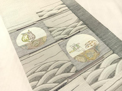 平和屋着物●手彫木版染　佐伯武晴　太鼓柄袋帯　紬地　手彫木版染　すくい織　猫　正絹　逸品　CABL0164vp