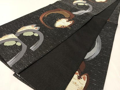 平和屋着物●六通柄袋帯　猫　黒地　金銀糸　正絹　逸品　CABL0165vp