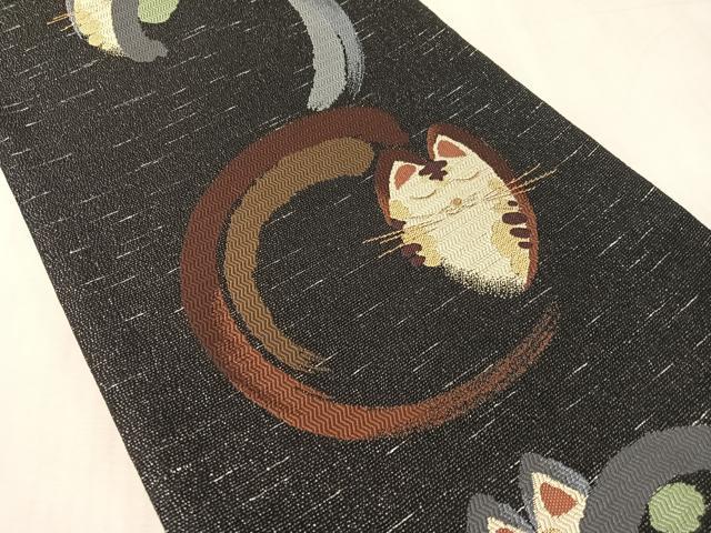 平和屋着物●六通柄袋帯　猫　黒地　金銀糸　正絹　逸品　CABL0165vp