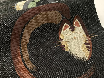 平和屋着物●六通柄袋帯　猫　黒地　金銀糸　正絹　逸品　CABL0165vp