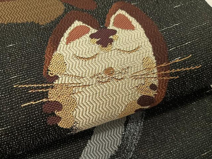 平和屋着物●六通柄袋帯　猫　黒地　金銀糸　正絹　逸品　CABL0165vp
