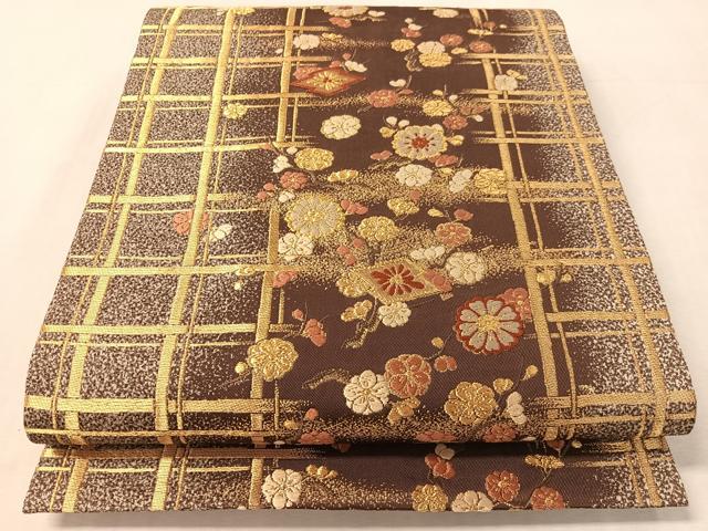 平和屋着物●西陣の名門　加納幸謹製　六通柄袋帯　唐織　格子花文　金糸　正絹　逸品　CABL0168vp