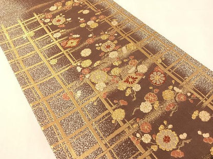 平和屋着物●西陣の名門　加納幸謹製　六通柄袋帯　唐織　格子花文　金糸　正絹　逸品　CABL0168vp