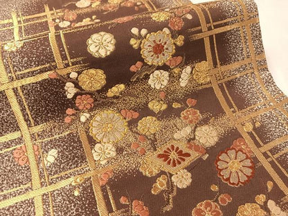平和屋着物●西陣の名門　加納幸謹製　六通柄袋帯　唐織　格子花文　金糸　正絹　逸品　CABL0168vp
