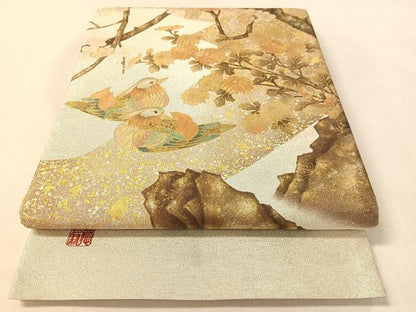 平和屋着物●国際的伝統工芸作家　十二代・藤林徳扇　苑寿　太鼓柄袋帯　綴れ　鴛鴦花文　金銀彩　正絹　逸品　CABL0175vp