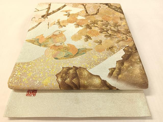 平和屋着物●国際的伝統工芸作家　十二代・藤林徳扇　苑寿　太鼓柄袋帯　綴れ　鴛鴦花文　金銀彩　正絹　逸品　CABL0175vp